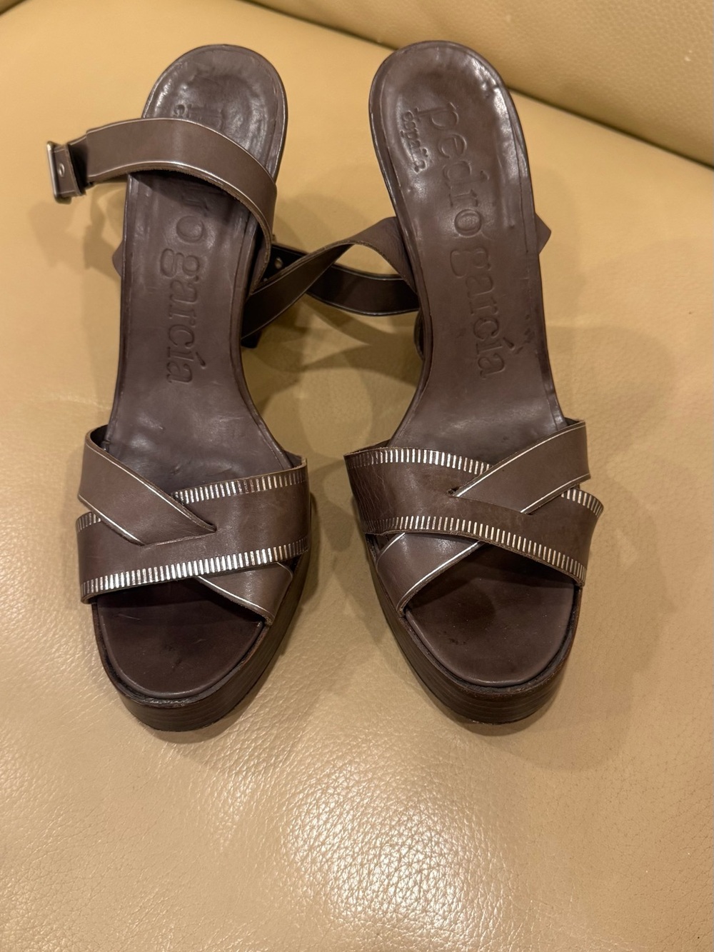 Pedro Garcia Dark Brown Leather Crisscross Platform Sandals